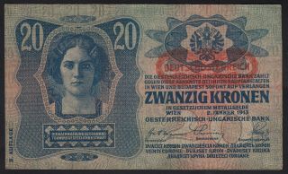 1913 Austria 20 Kronen 1919 Overprint Paper Money Banknote Currency P 53 Aunc