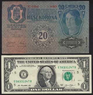 1913 Austria 20 Kronen 1919 Overprint Paper Money Banknote Currency P 53 aUNC 2
