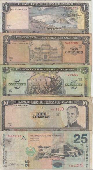 El Salvador Banknote Set 1 - 2 - 5 - 10 - 25 Colones,  See Scan We Combine