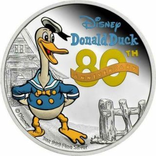 Niue 2014 $2 Donald Duck 80th Aniversary Colorized 1 Oz Silver Coin