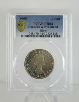 1955 Rhodesia & Nyasaland 2 Shilling Silver Coin Pcgs Pr 64