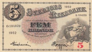 Sweden 5 Kronor 1952.  Sveriges Riksbank.  Aunc