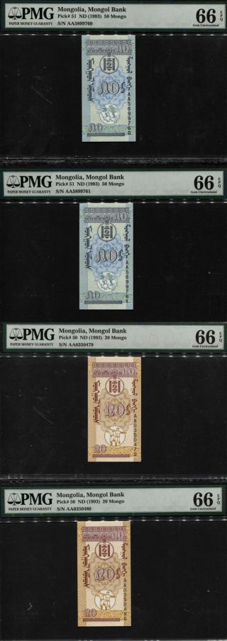Tt Pk 50 & 51 Nd (1993) Mongolia 20 & 50 Mongo Pmg 66 Epq Gem Unc Set Of Four