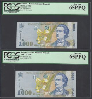 Romania - 2 Notes 1000 Lei 1998 P106 Uncirculated Graded 65