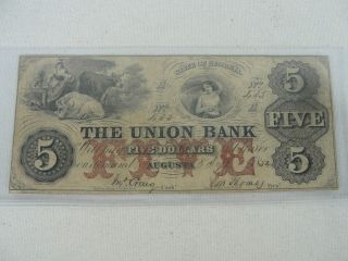 1854 State Of Georgia $5 Dollar Obsolete Note " The Union Bank Augusta Ga.  "