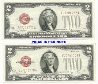 1928 - G $2 Red Seal Legal Tender Note - - 1 Of 2 Consecutive Gem Crisp Notes