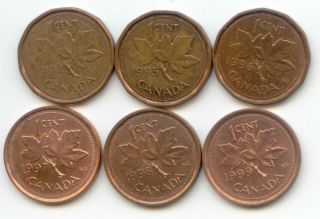 Canada 1994 1995 1996 1997 1998,  1999 One Cent Canadian Pennies Penny 1c Set
