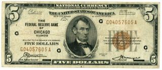 1929 $5 Federal Reserve Bank - Chicago,  Illinois - National Currency - Jg158