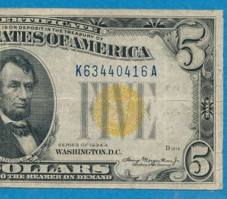 $5.  00 1934 - A North Africa Yellow Seal Silver Certificate