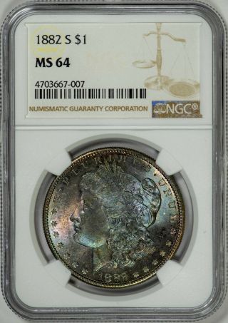1882 - S Morgan Silver Dollar Ngc Ms64 Nicely Toned Silver Dollar