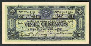 1933 Mozambique 20 Centavos Note.  Unc