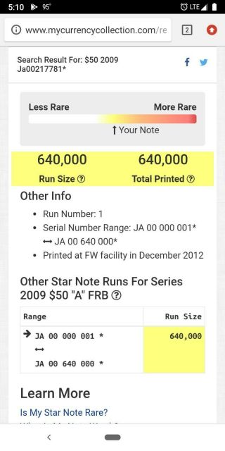 2009 $50 Star Note Low Serial Ja00217781