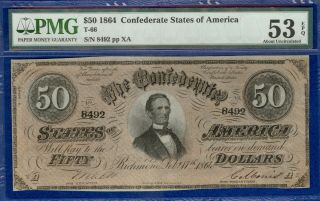 T - 66 1864 $50 Confederate States Banknote Pmg 53 About Uncirculated Epq