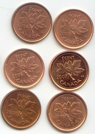 Canada 2004 2005 2006 2007 2008,  2009 One Cent Canadian Pennies Penny 1c Set