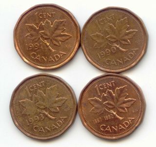 Canada 1990 1991 1992 1993 Pennies Penny Canadian 1 Cent 1c Exact Set Shown