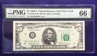 1969 A $5 Federal Reserve Note Frn York Cu Unc Pmg Gem 66 Epq