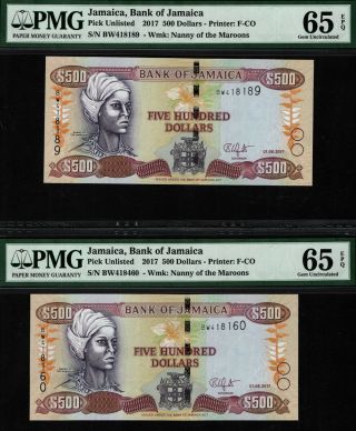 Tt Pk Unl 2017 Jamaica 500 Dollars " Nannyof The Maroons " Pmg 65 Epq Set Of Two