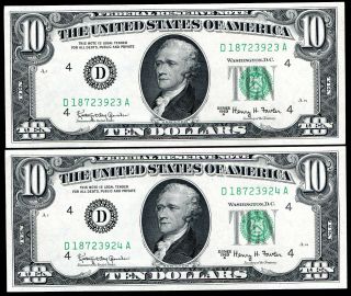 ((2))  Consecutive 1963 - A $10 Frn Federal Reserve Notes Cleveland,  Oh Gem