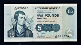 Scotland - Clydesdale Bank Plc - 5 Pounds - 2002 - Serial Number 828525 - Pick 218d,  Unc.