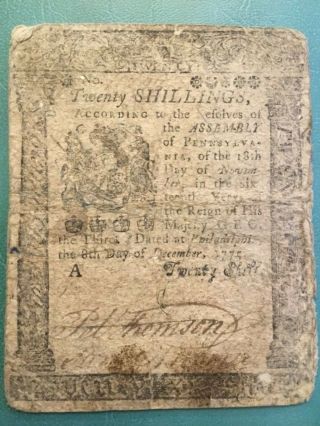Dec 8 1775 Pennsylvania Colonial Currency Twenty 20 Shilling Note