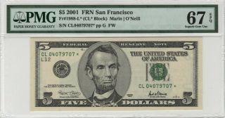 2001 $5 Federal Reserve Star Note San Francisco Fr.  1988 - L Pmg Cert Cu67 Epq