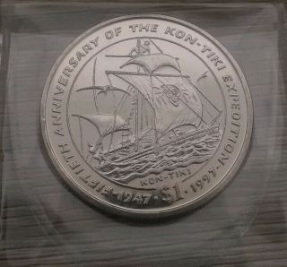 Republic Of Liberia 50th Anniversary Kon - Tiki Expedition 1947 - 1997 $1 Coin