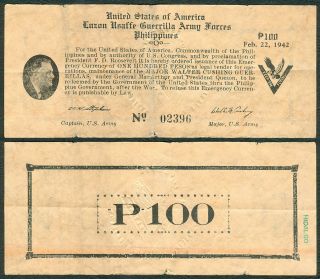 Us Philippines 100 Pesos Luzon Usaffe Guerrilla Ww2 Pres.  Roosevelt Banknote