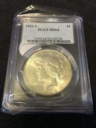 1922 S Peace Dollar Pcgs Ms - 64 Uncirculated - Better Date - Certified Slab - 50c