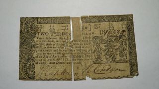 $2/3 1770 Maryland Md Colonial Currency Note Bill Four Shillings Six Pence