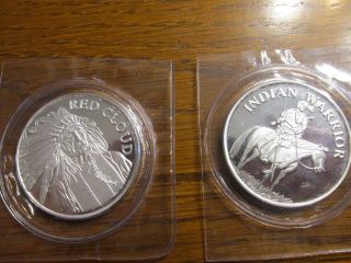 2 Indian Warrior Sioux Chief Red Cloud Native 1 Oz.  999 Fine Silver Round Coin