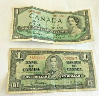 Two Vintage Bank Of Canada Dollar Bills 1937 1954 $1 Dollar Canada Bank Notes