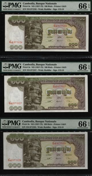 Tt Pk 8c Nd (1957 - 75) Cambodia 100 Riels Lokecvara & Buddha Pmg 66q Seq Set Of 3