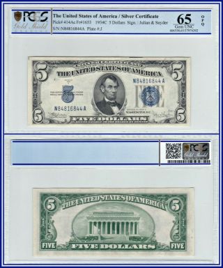 1934c $5 Silver Certificate Pcgs 65 Opq Gem Unc Five Dollars Currency Bank Note