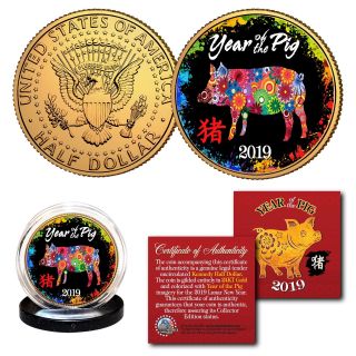 2019 Lunar Year Of The Pig 24k Gold Plated Jfk Half Dollar Coin Polychrome