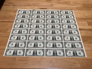 Uncut Sheet 32 - $1 One Dollar Bills Us Currency Money 2001 Washington Dc