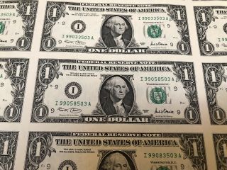 UNCUT SHEET 32 - $1 ONE DOLLAR BILLS US CURRENCY MONEY 2001 Washington DC 2