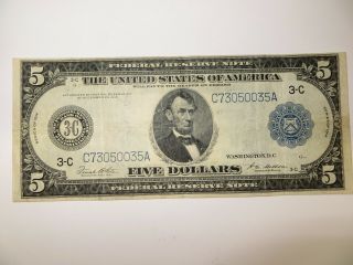 1914 Us $5 Large Five Dollar Federal Reserve Blue Seal Currency Note