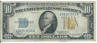 $10 Silver Certificate North Africa 1934 - A Aa Block Yellow Seal Note 893a Ww Ii