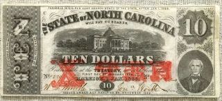 Civil War North Carolina $10 Bank Note January 1,  1863