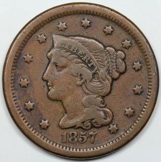 1857 Braided Hair Large Cent,  Small Date,  F - Vf