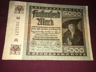 German Mark Berlin 1922 Denomination 5000 Unc German Bank Note