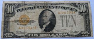 1928 $10 Gold Certificate Note,  Vintage Hamilton Ten Dollar Bill (031814q)