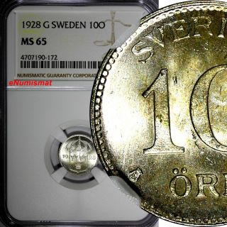 Sweden Gustaf V Silver 1928 G 10 Ore Ngc Ms65 Top Graded By Ngc Km 780