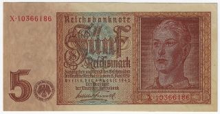 Germany Third Reich Reichsbanknote 1942 Issue 5 Reichsmark Pick 186a Banknote