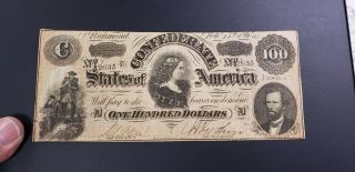 Civil War Confederate 1864 $100 Dollar Bill Richmond Virginia Lucy Pickens Note