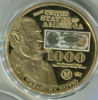 24kt Gold Overlay " Bank Notes Of U S A " Series $1000 Medallion Bu (sknr919)