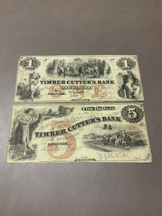 1858 Georgia,  The Timber Cutter’s Bank Savannah $1 $5 Obsolete Currency.