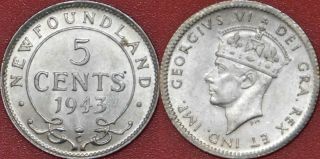 Very Fine 1943c Canada Newfoundland Silver 5 Cents