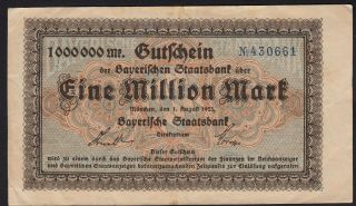 1923 1 Million Mark Munich Germany Old Vintage Emergency Paper Money Banknote Vf