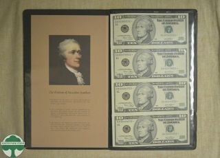 Uncut Sheet Of 4 Series 2003 $10 Federal Reserve Notes W/ Papers In Folder